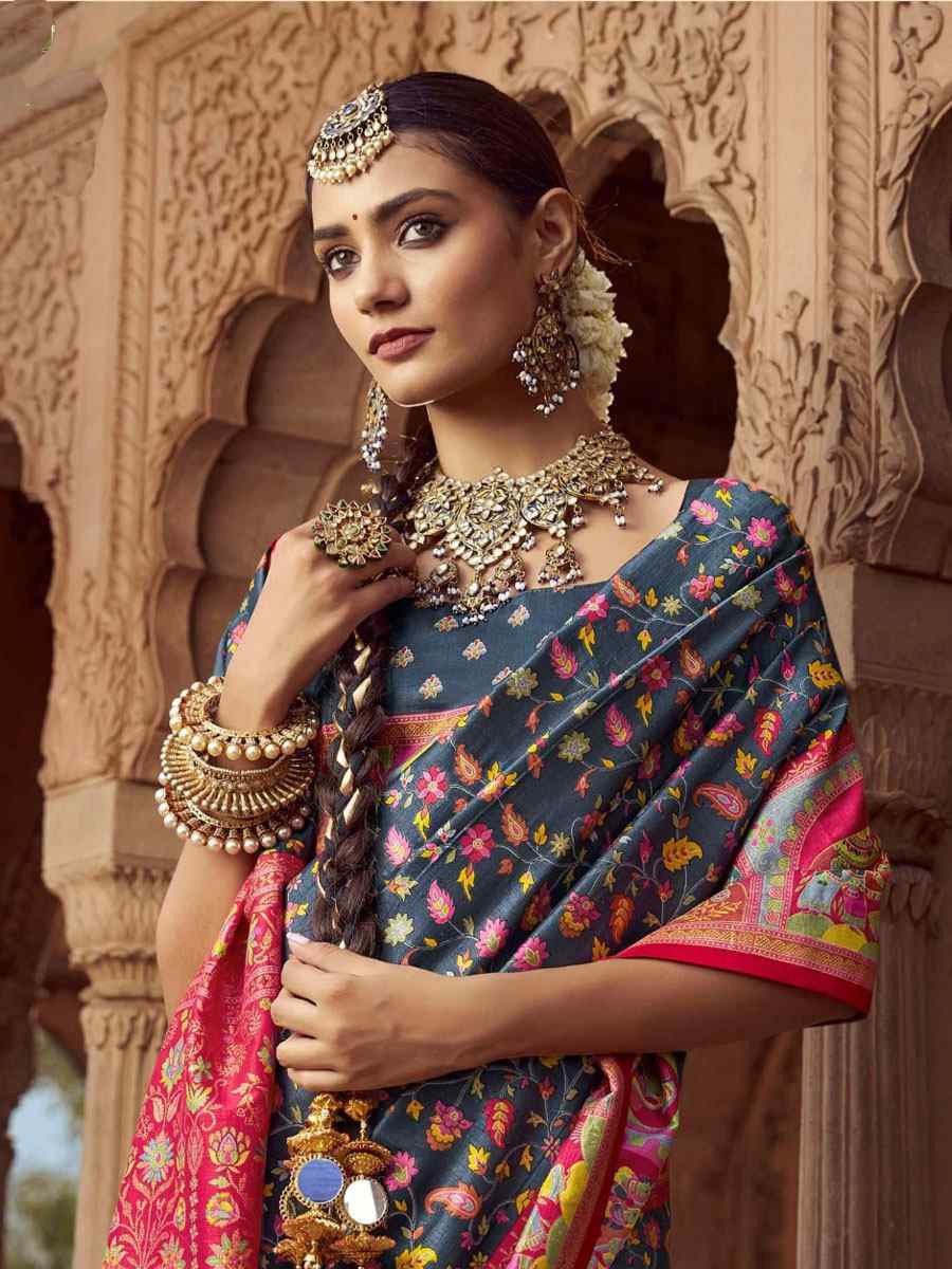 Dark Grey Silk Kalamkari Printed Festival Wedding Fancy Heavy Border Saree