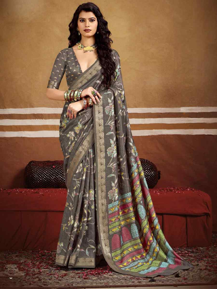 Dark Grey Silk Printed with Handwoven Festival Wedding Fancy Heavy Border Saree