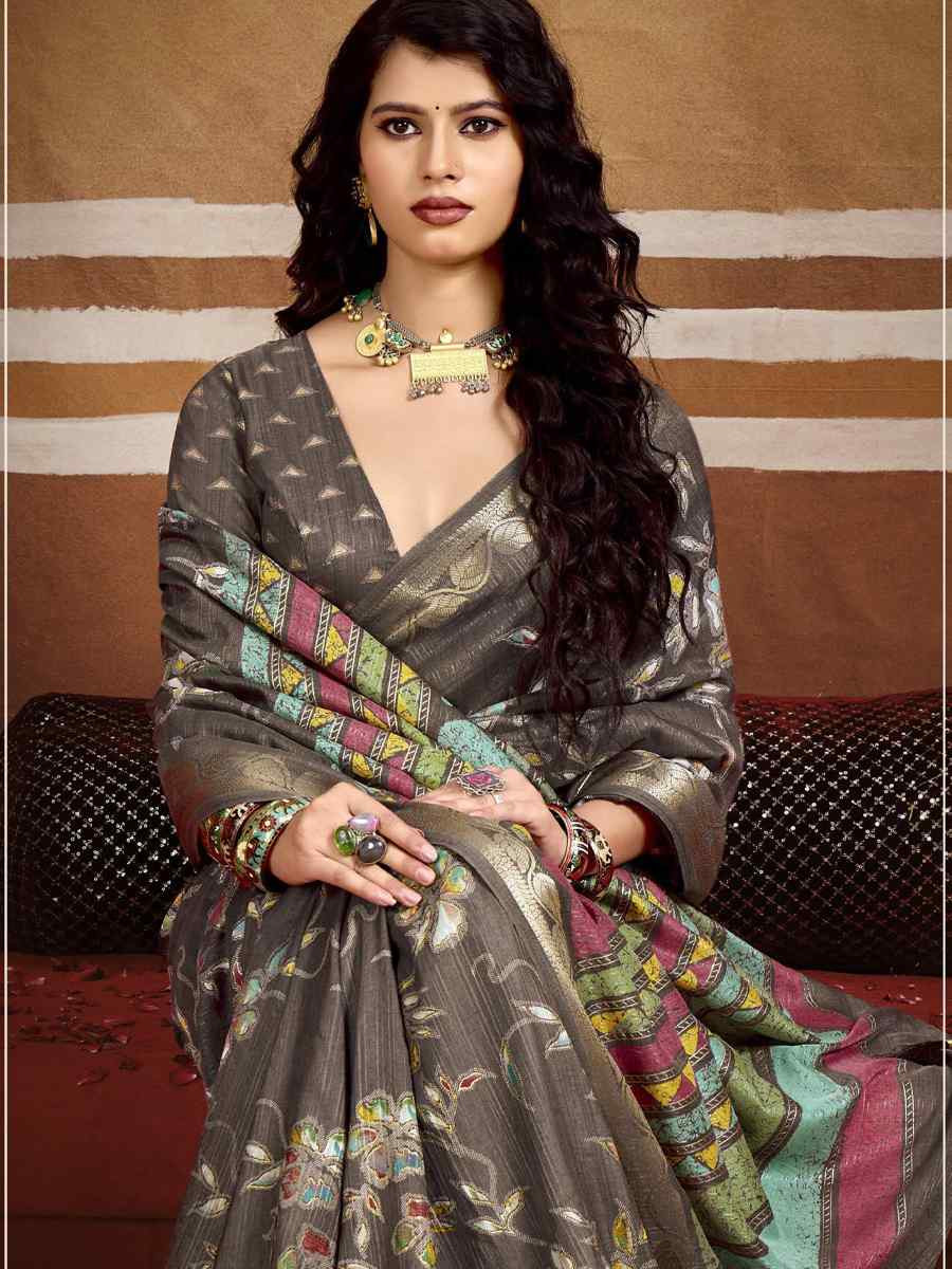 Dark Grey Silk Printed with Handwoven Festival Wedding Fancy Heavy Border Saree