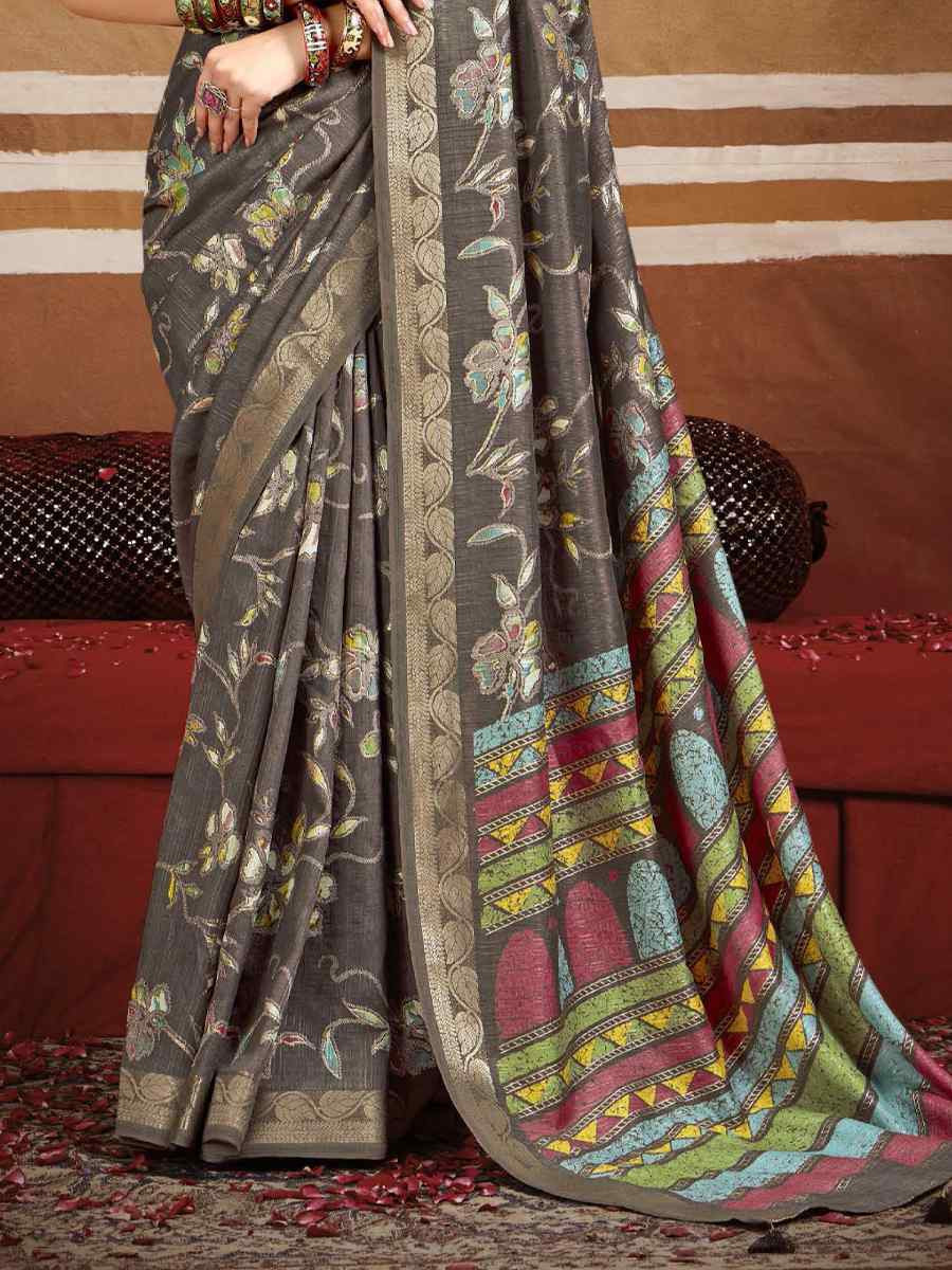 Dark Grey Silk Printed with Handwoven Festival Wedding Fancy Heavy Border Saree
