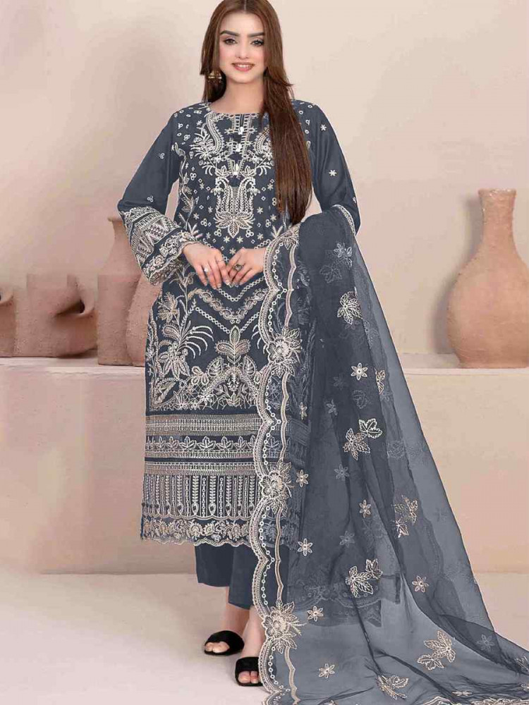 Dark Grey Star Georgette Embroidered Festival Wedding Pant Salwar Kameez