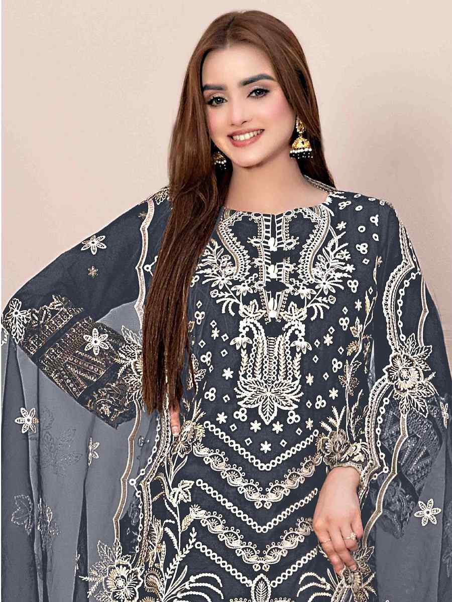 Dark Grey Star Georgette Embroidered Festival Wedding Pant Salwar Kameez