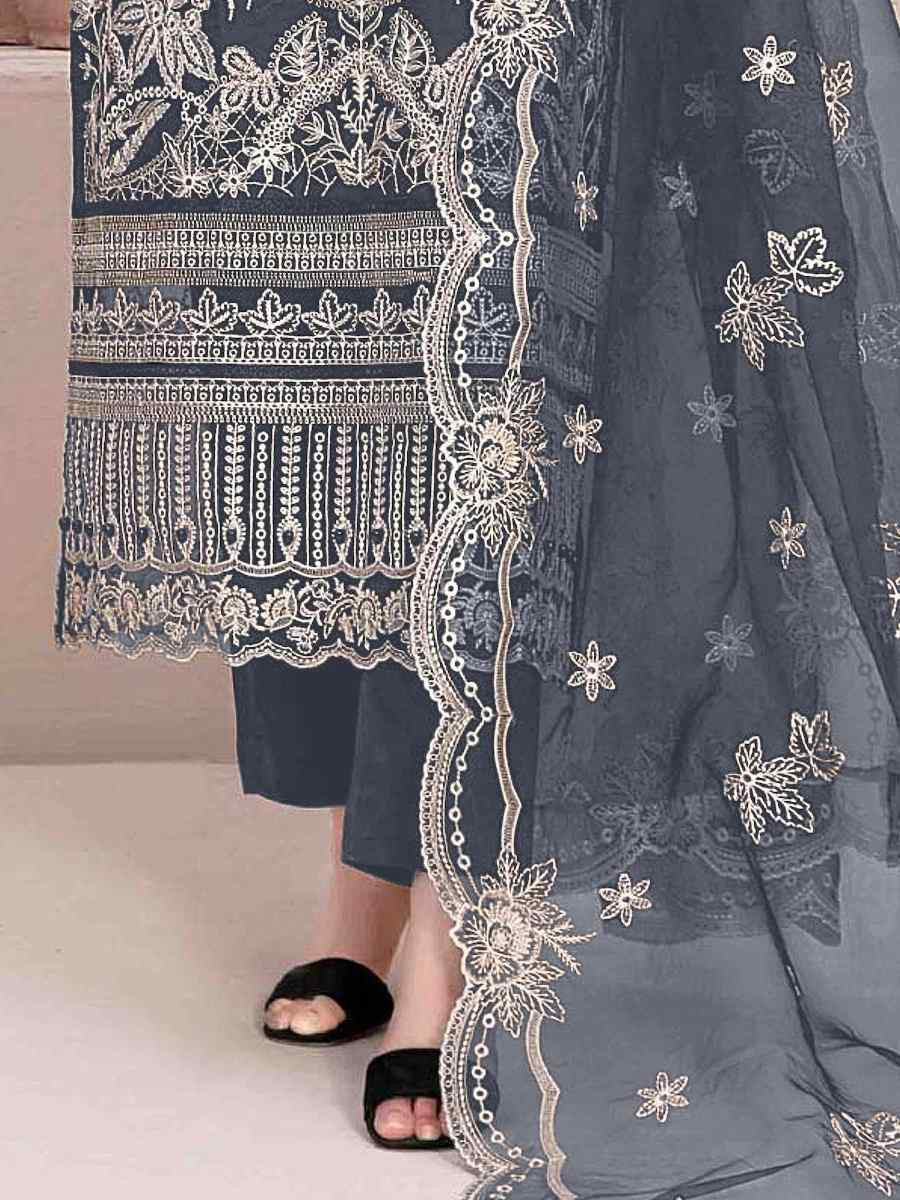 Dark Grey Star Georgette Embroidered Festival Wedding Pant Salwar Kameez