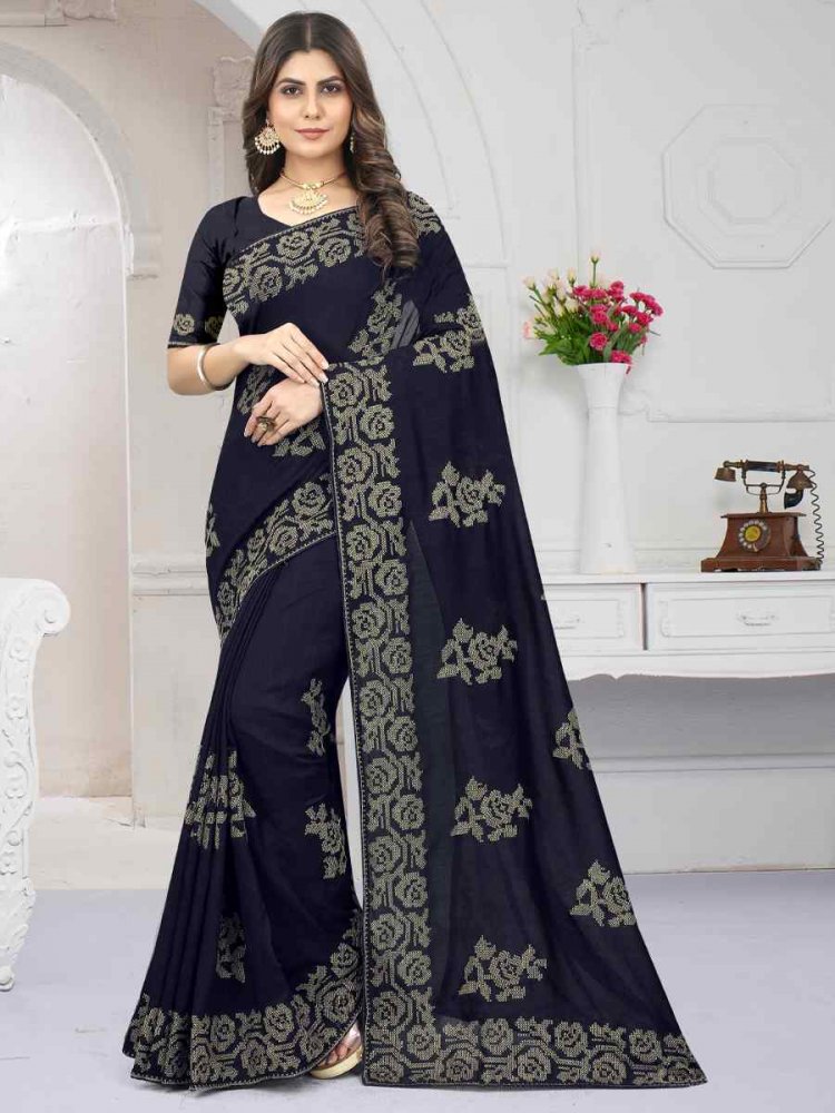 Dark Grey Vichitra Silk Embroidered Wedding Festival Heavy Border Saree