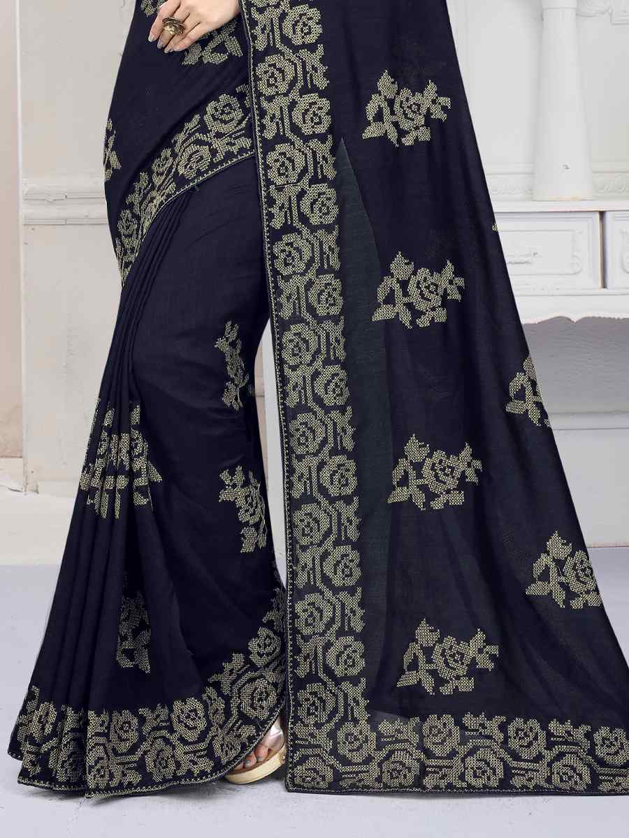 Dark Grey Vichitra Silk Embroidered Wedding Festival Heavy Border Saree