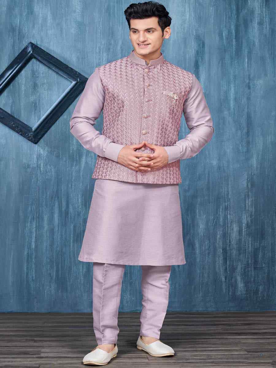 Dark Lavender Art Banarasi Silk Woven Festival Wedding Kurta