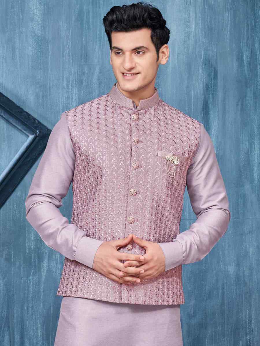 Dark Lavender Art Banarasi Silk Woven Festival Wedding Kurta
