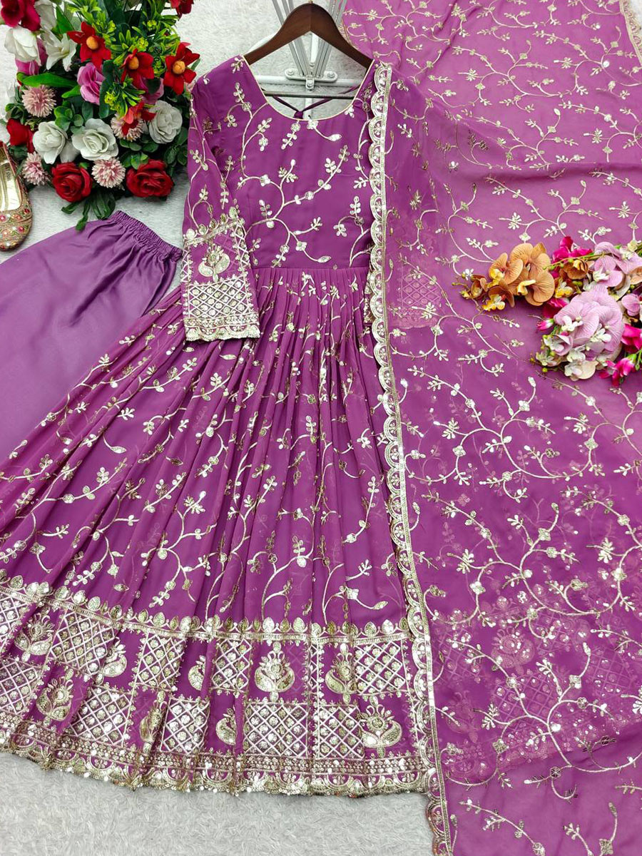 Dark Lavender Georgette Embroidery Sequins Work Wedding Festival Party Ready Pant Anarkali Salwar Kameez