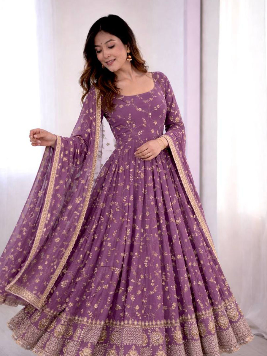 Dark Lavender Georgette Embroidery Sequins Work Wedding Festival Party Ready Pant Anarkali Salwar Kameez