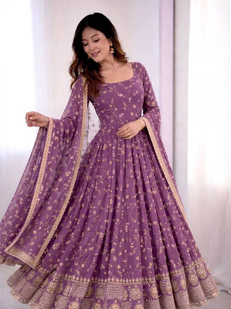 Image of Dark Lavender Georgette Embroidery Sequins Work Wedding Festival Party Ready Pant Anarkali Salwar Kameez