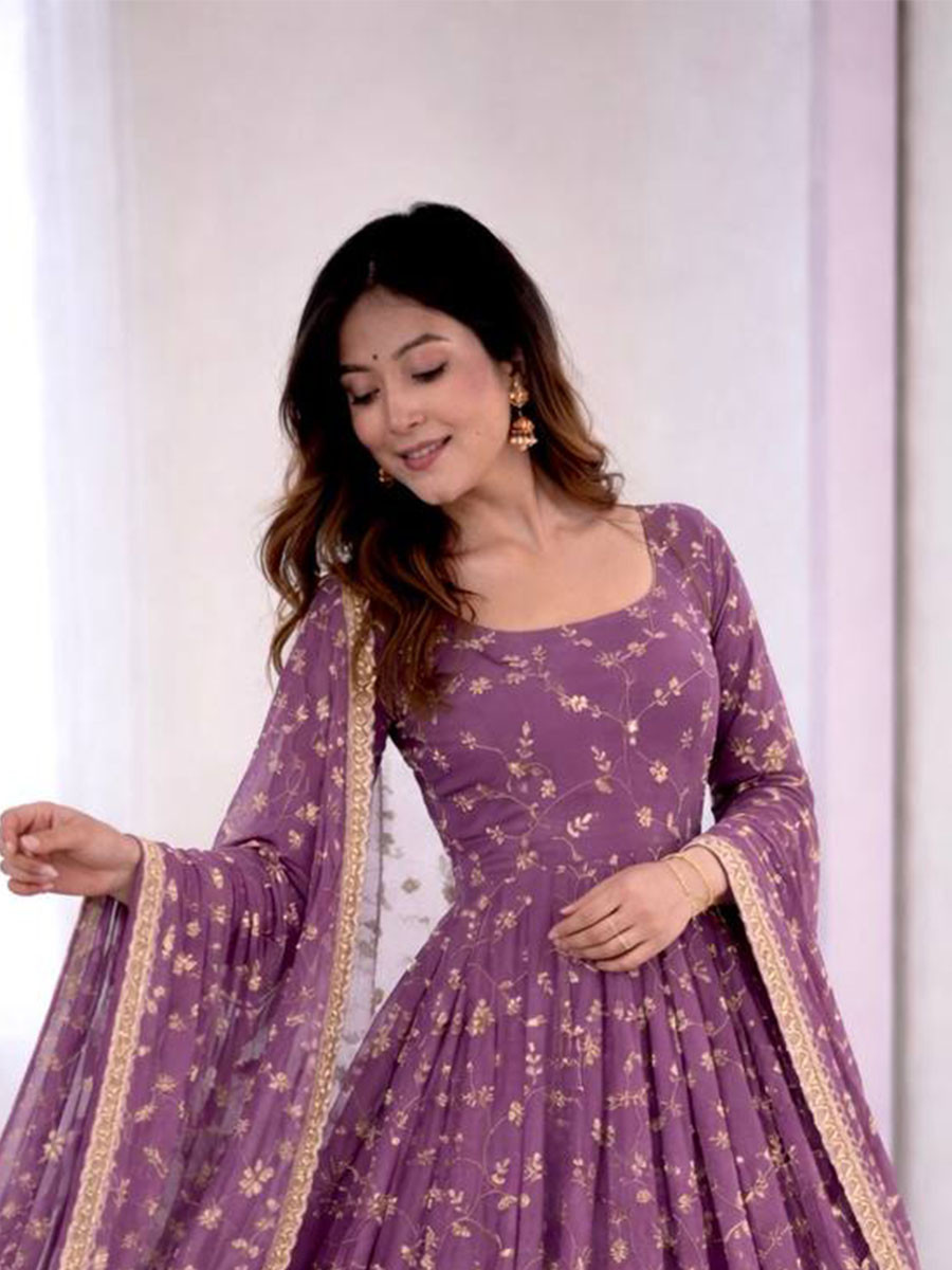 Dark Lavender Georgette Embroidery Sequins Work Wedding Festival Party Ready Pant Anarkali Salwar Kameez