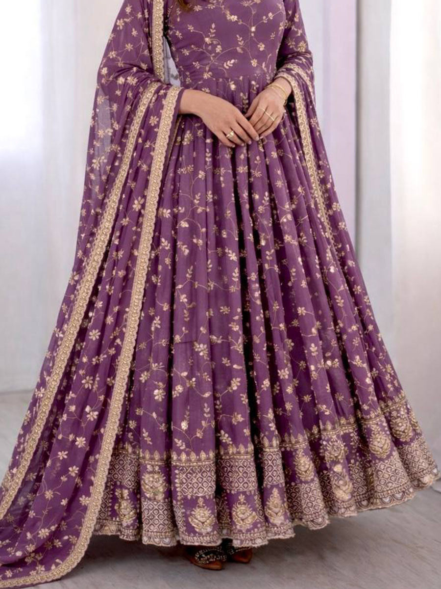 Dark Lavender Georgette Embroidery Sequins Work Wedding Festival Party Ready Pant Anarkali Salwar Kameez