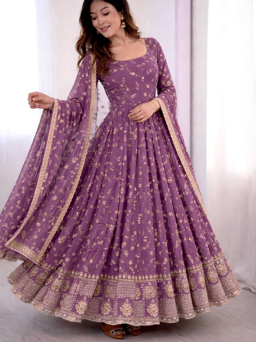 Dark Lavender Georgette Embroidery Sequins Work Wedding Festival Party Ready Pant Anarkali Salwar Kameez