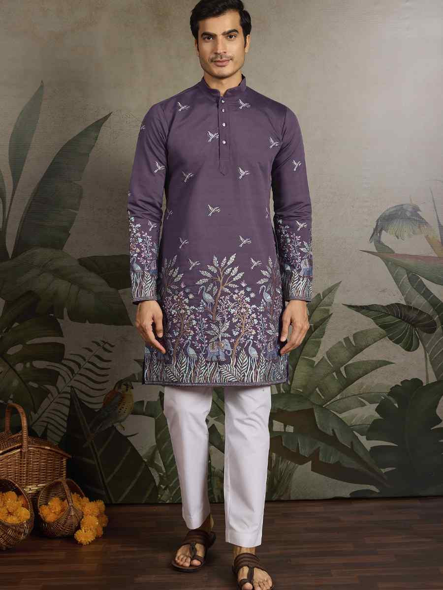 Dark Lavender Viscose Silk Embroidery And Printed Festival Wedding Party Mens Kurta