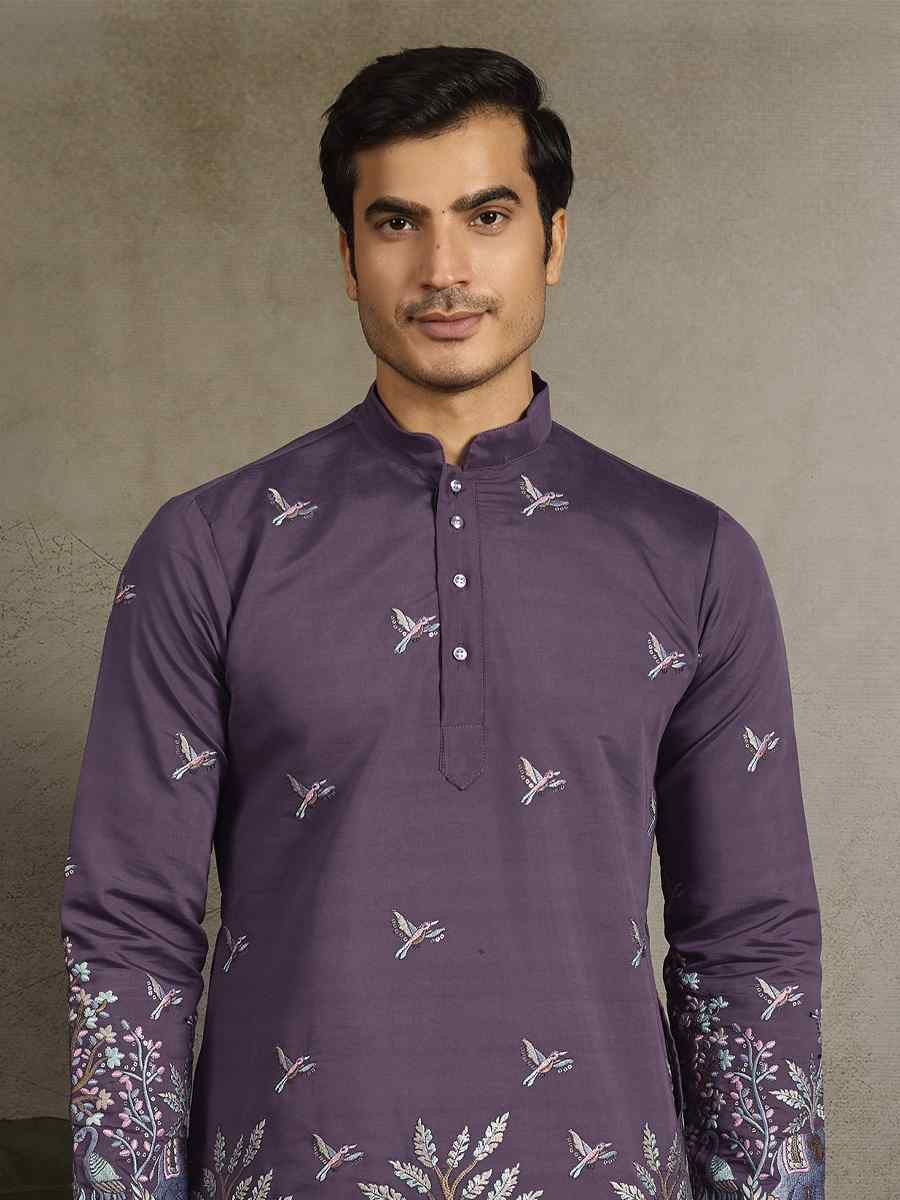 Dark Lavender Viscose Silk Embroidery And Printed Festival Wedding Party Mens Kurta