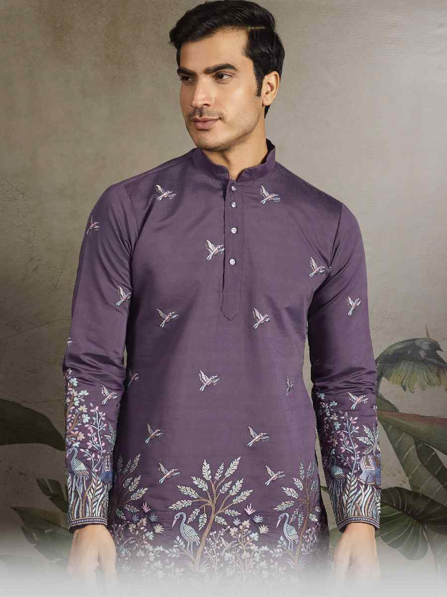Dark Lavender Viscose Silk Embroidery And Printed Festival Wedding Party Mens Kurta