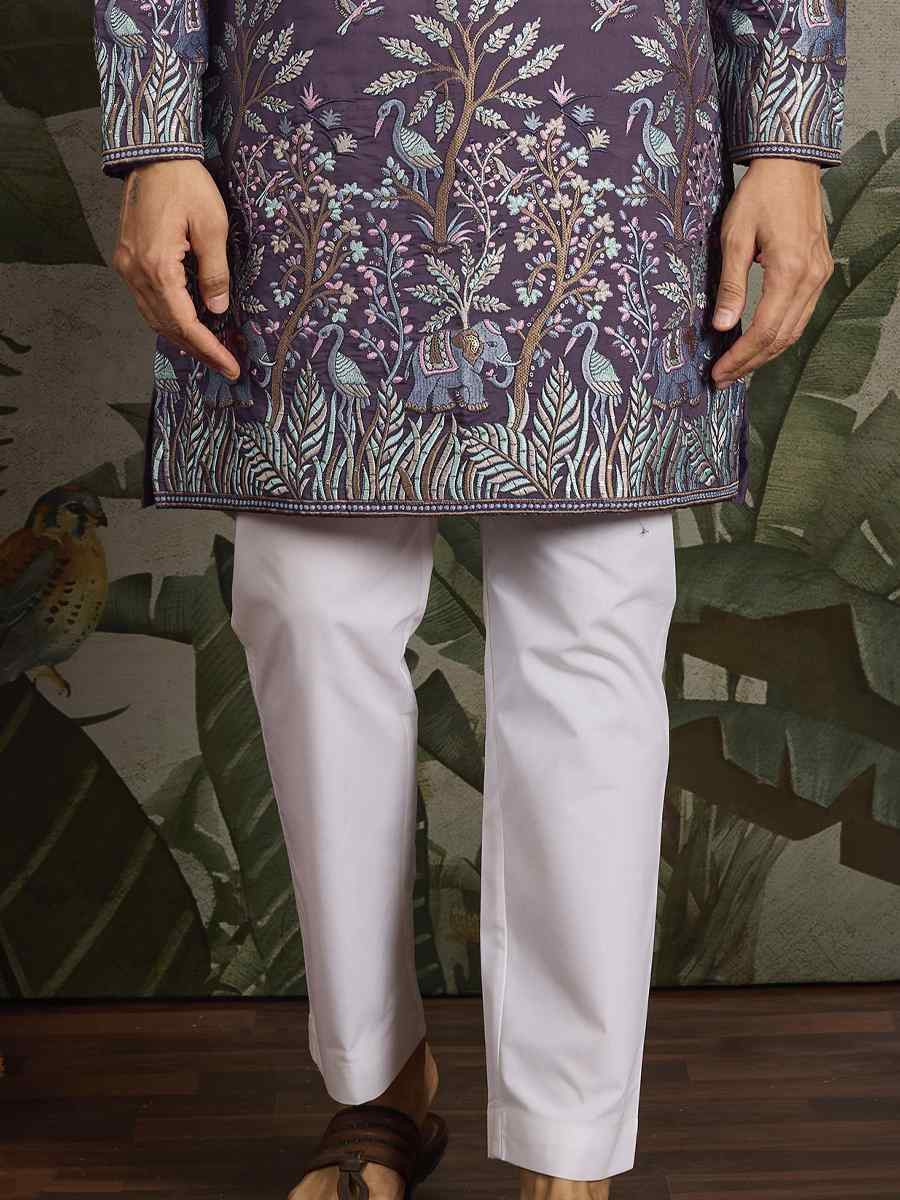Dark Lavender Viscose Silk Embroidery And Printed Festival Wedding Party Mens Kurta