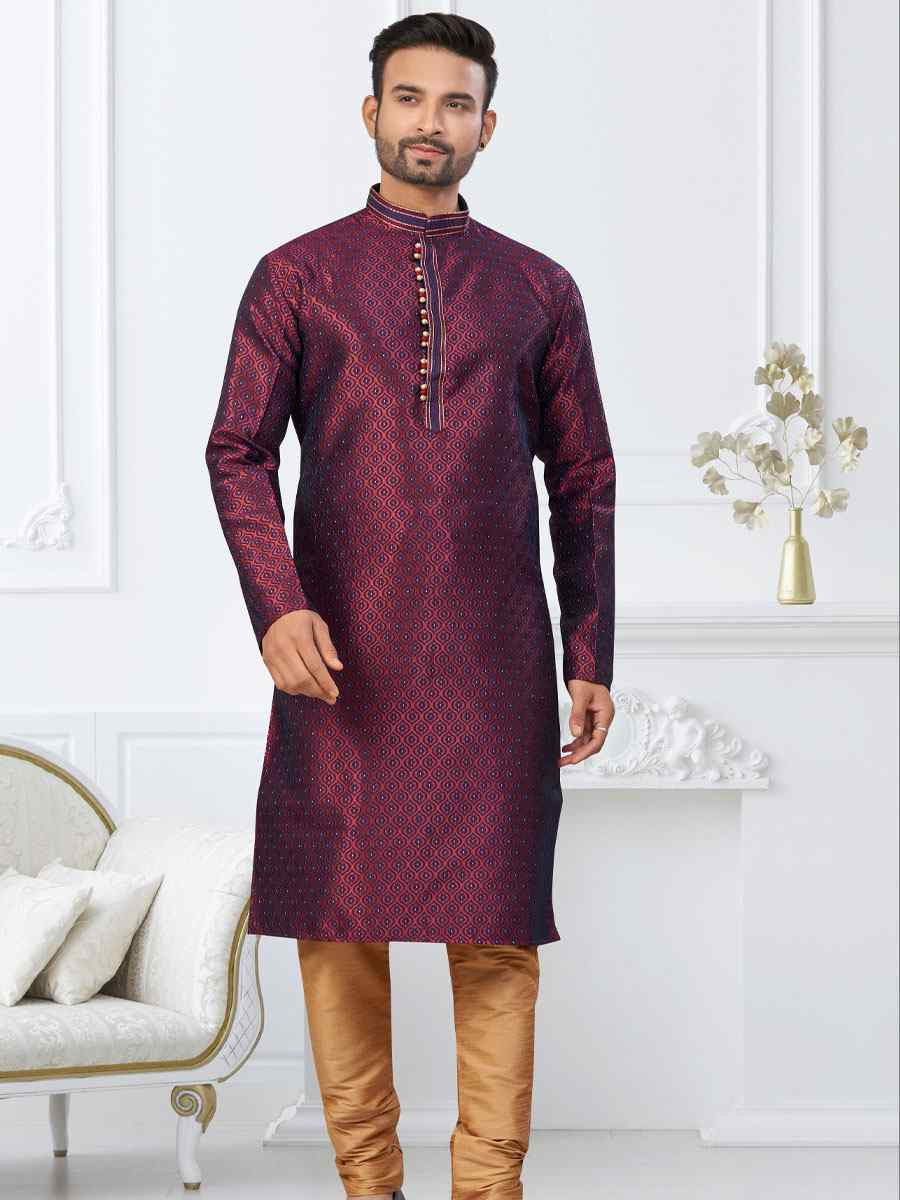Dark Maroon Blue Banarasi Jackard Embroidery Festival Wedding Party Mens Kurta