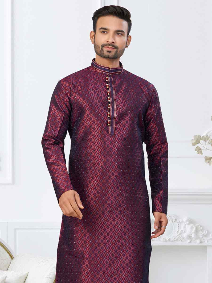 Dark Maroon Blue Banarasi Jackard Embroidery Festival Wedding Party Mens Kurta