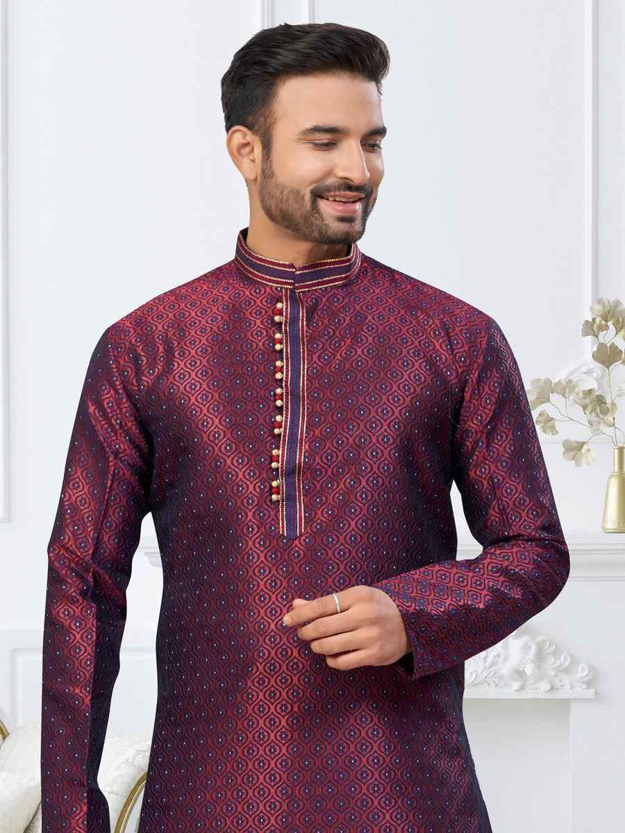 Dark Maroon Blue Banarasi Jackard Embroidery Festival Wedding Party Mens Kurta