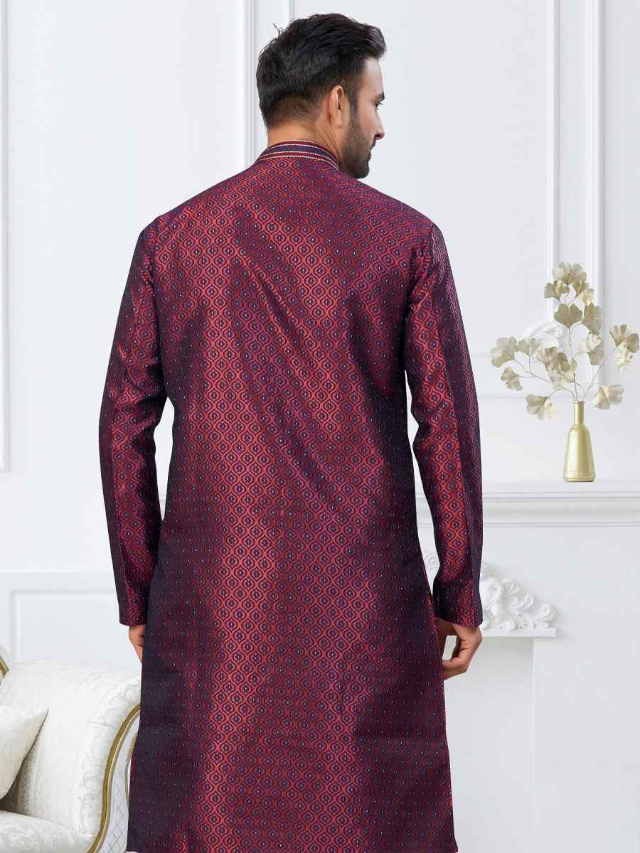 Dark Maroon Blue Banarasi Jackard Embroidery Festival Wedding Party Mens Kurta