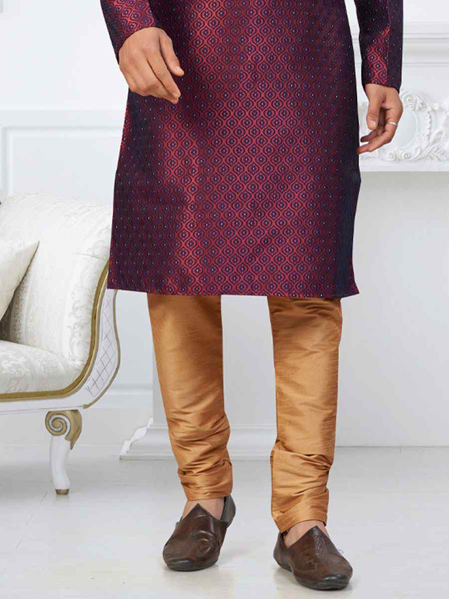 Dark Maroon Blue Banarasi Jackard Embroidery Festival Wedding Party Mens Kurta