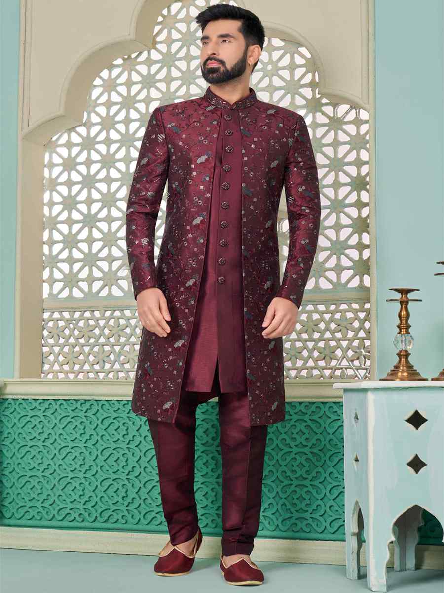 Dark Maroon Art Banarasi Silk Embroidered Festival Wedding Sherwani