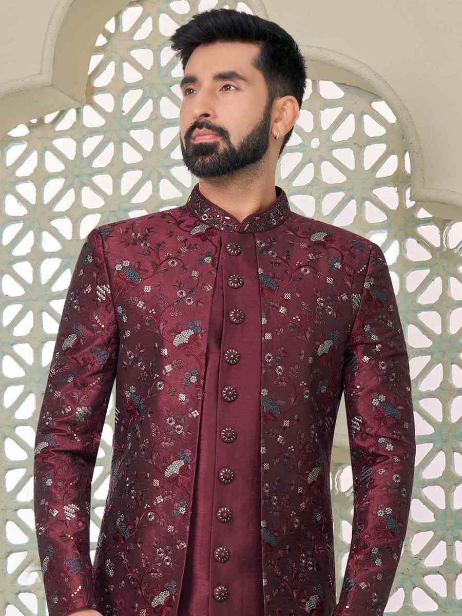 Dark Maroon Art Banarasi Silk Embroidered Festival Wedding Sherwani