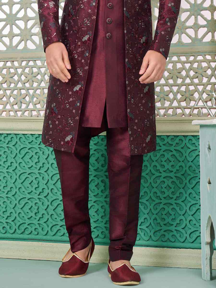 Dark Maroon Art Banarasi Silk Embroidered Festival Wedding Sherwani