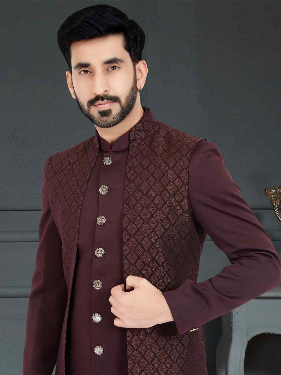 Dark Maroon Brown Soft Weaving Jecquard Woven Festival Party Sherwani