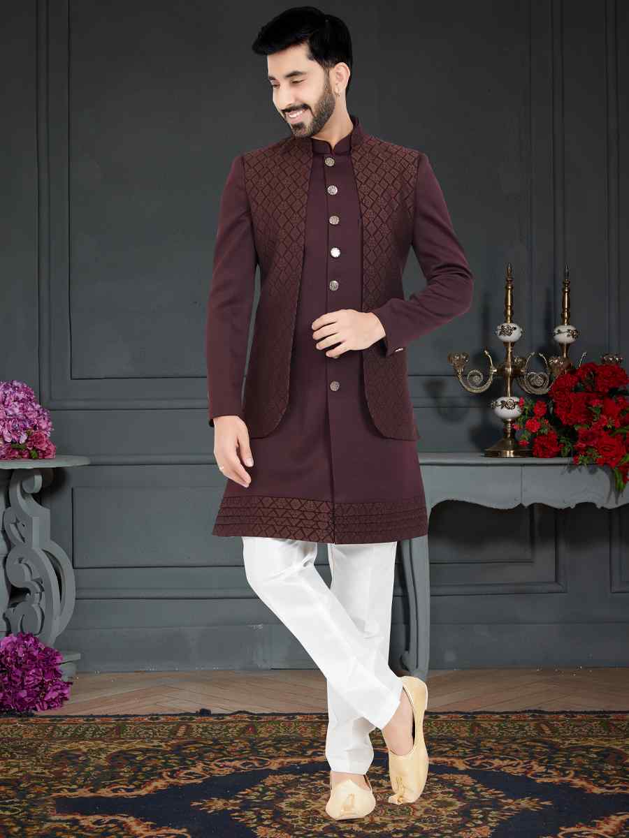 Dark Maroon Brown Soft Weaving Jecquard Woven Festival Party Sherwani