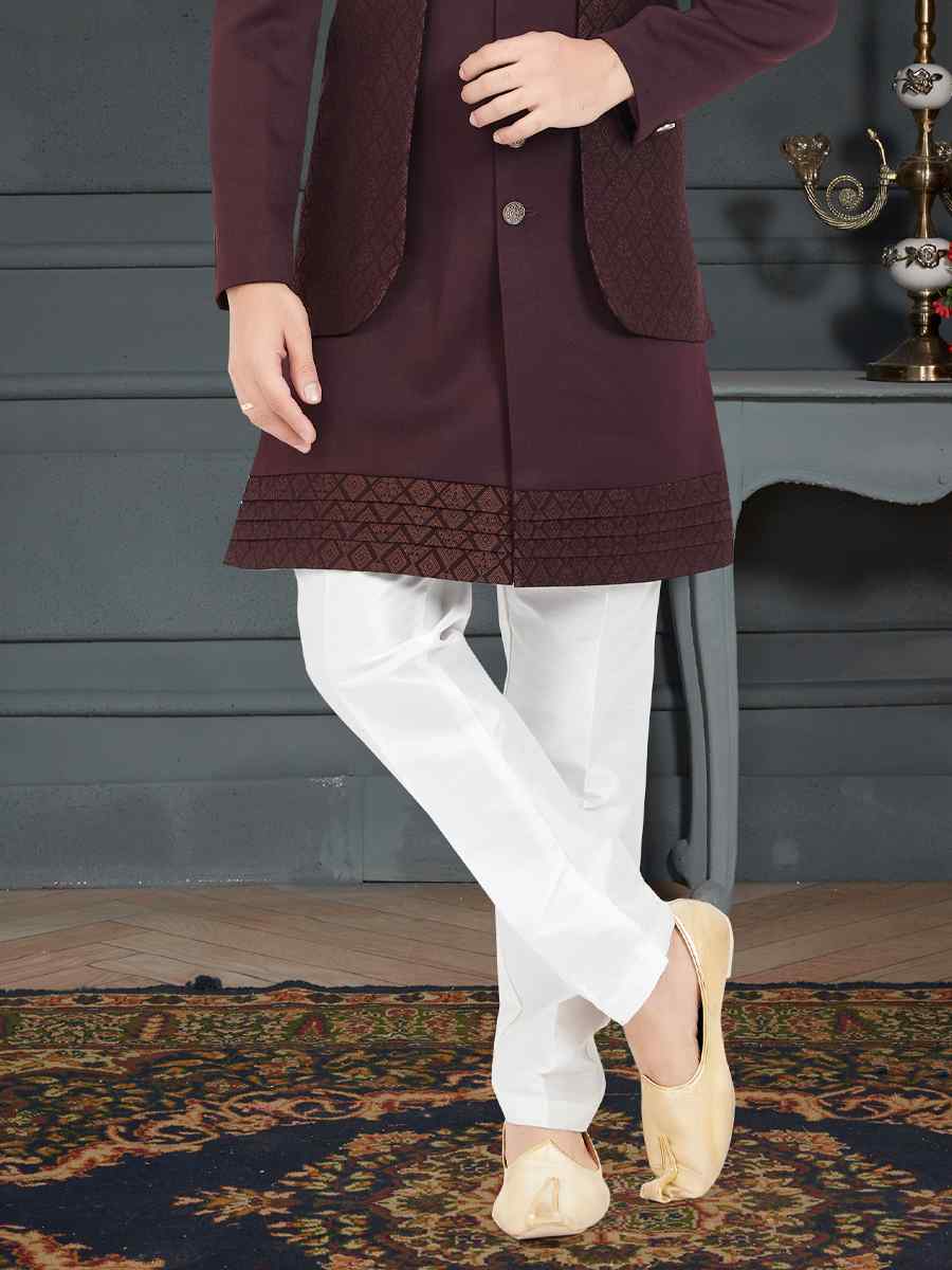 Dark Maroon Brown Soft Weaving Jecquard Woven Festival Party Sherwani
