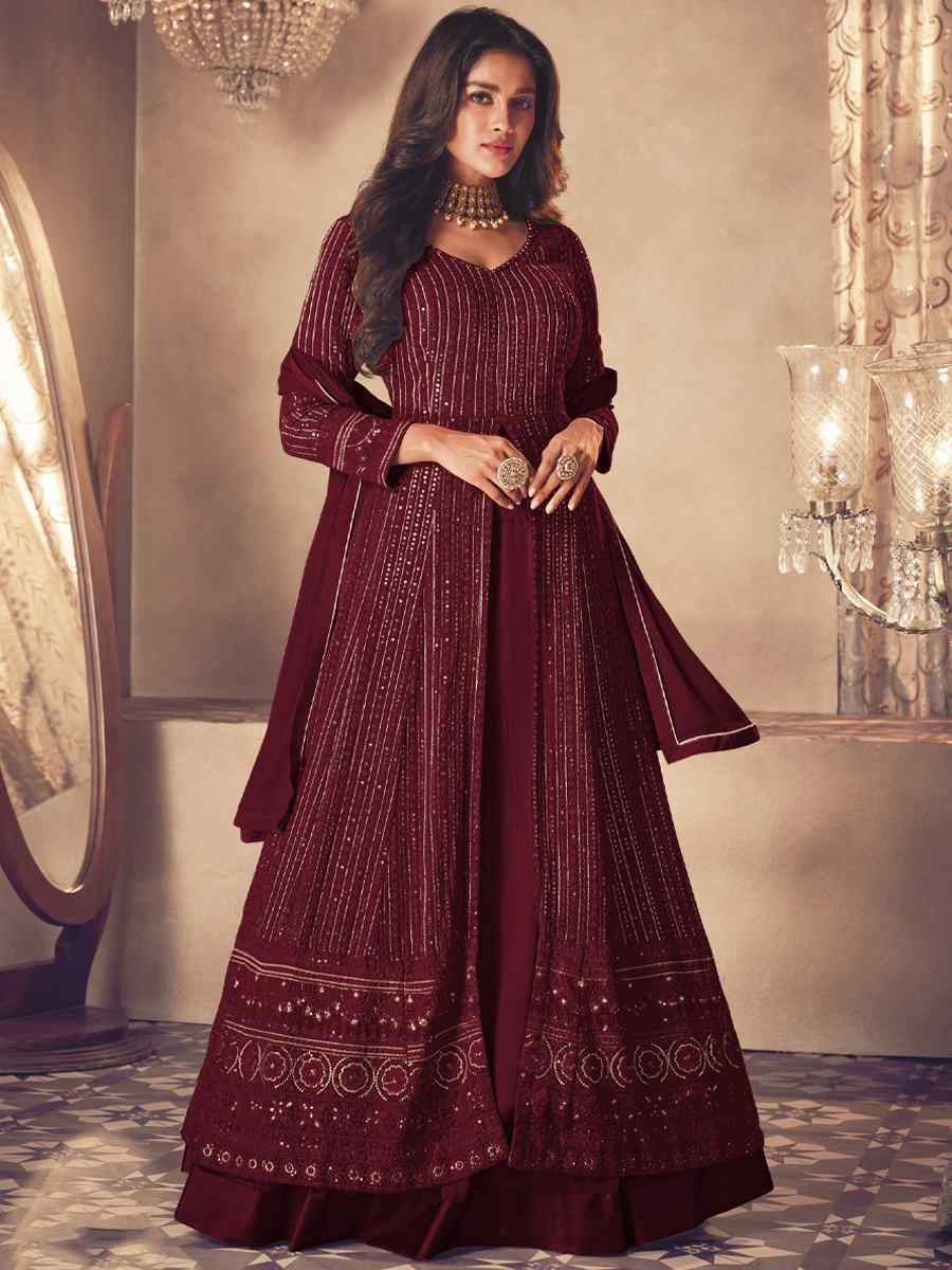 Dark Maroon Heavy Faux Georgette Embroidered Festival Wedding Anarkali Salwar Kameez