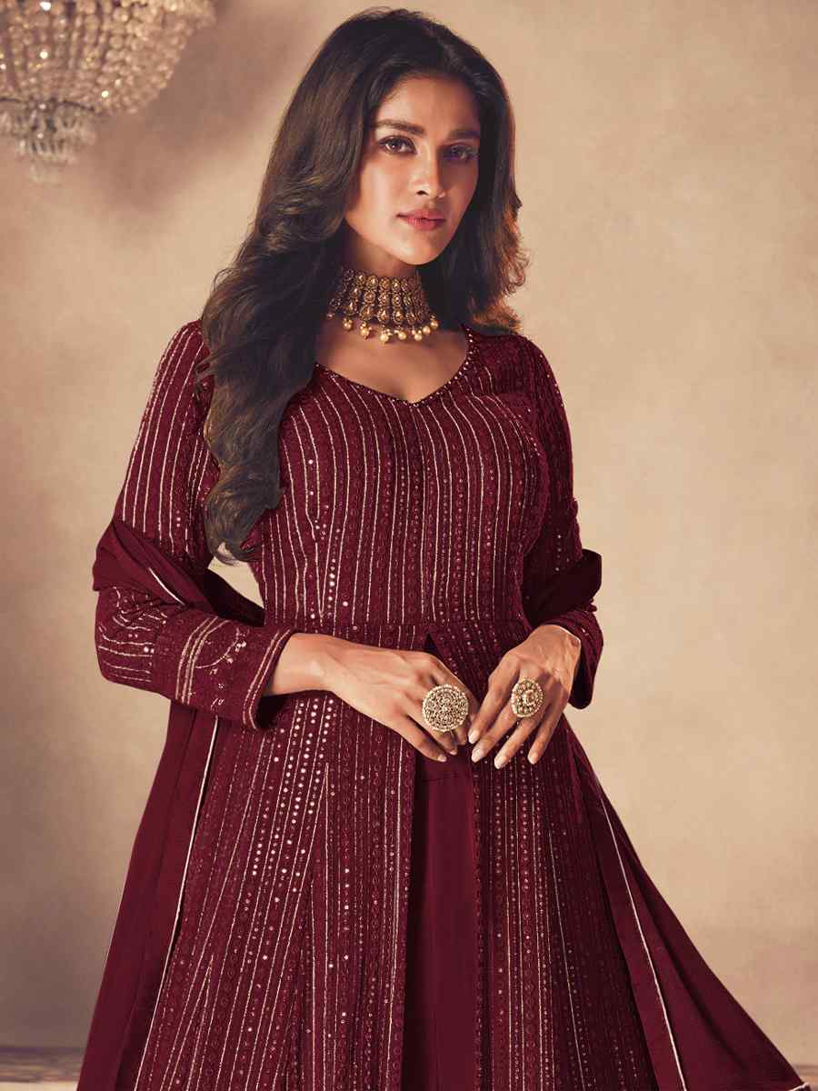 Dark Maroon Heavy Faux Georgette Embroidered Festival Wedding Anarkali Salwar Kameez