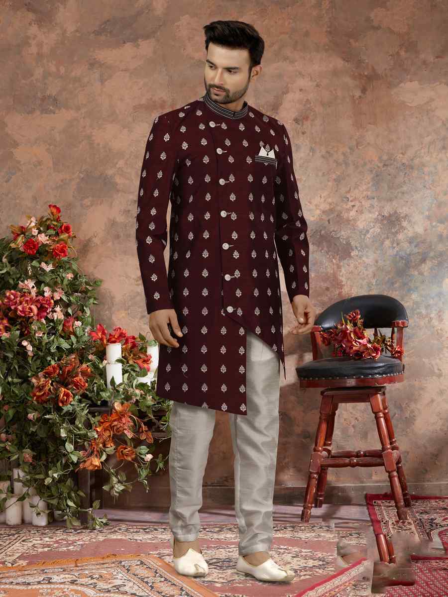 Dark Maroon Jacquard Woven Festival Wedding Sherwani