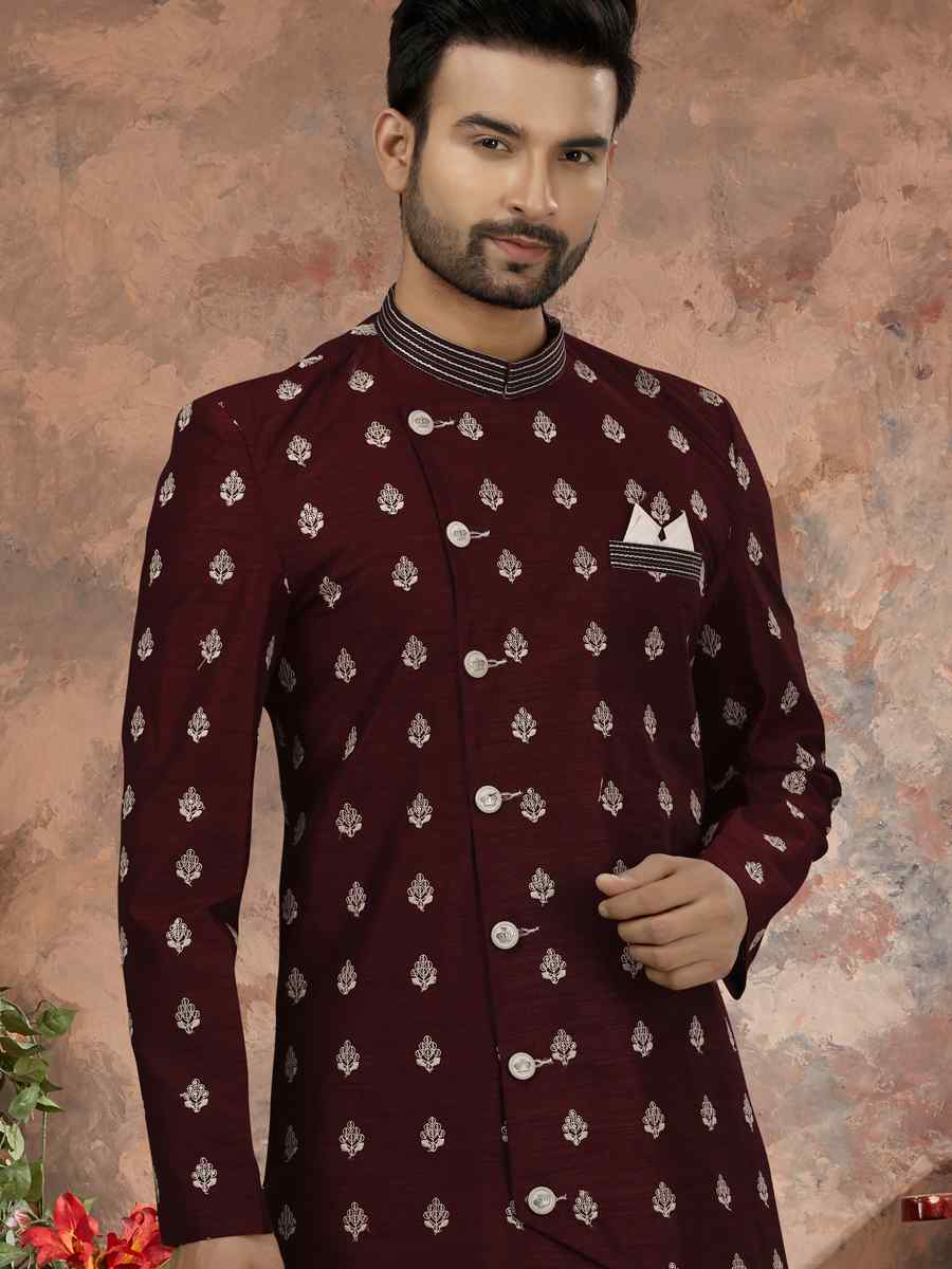 Dark Maroon Jacquard Woven Festival Wedding Sherwani