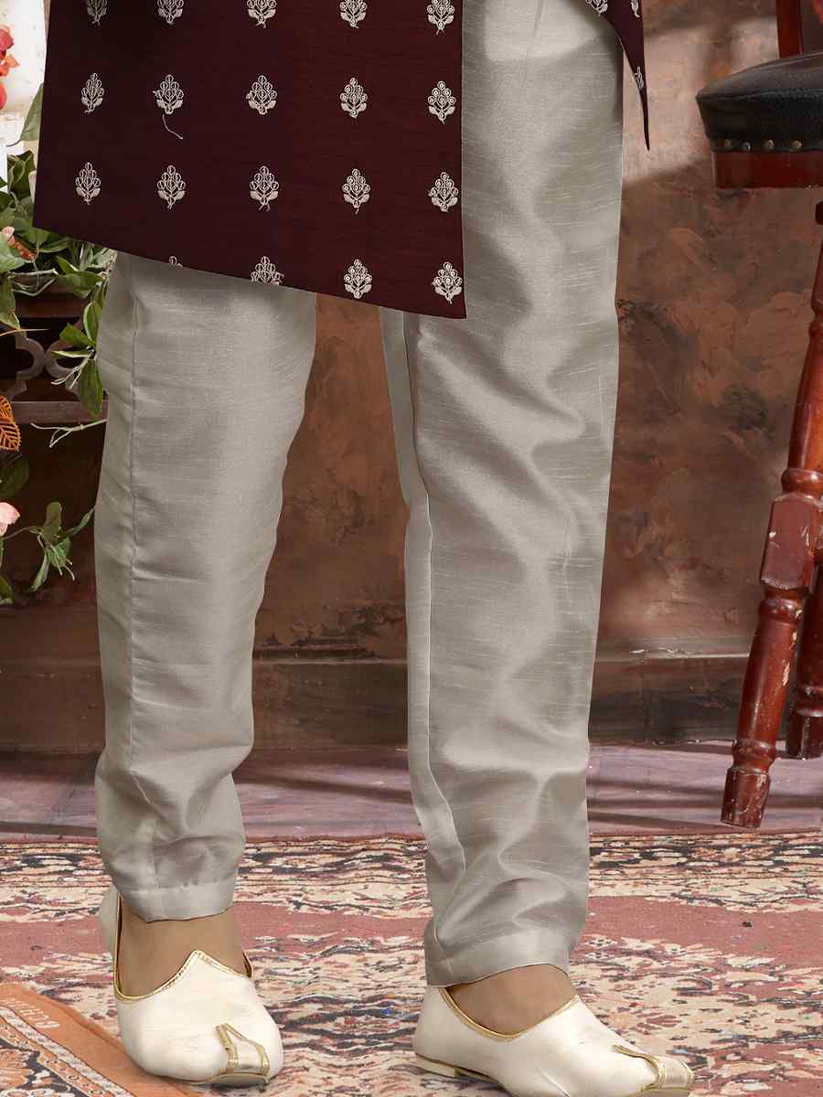 Dark Maroon Jacquard Woven Festival Wedding Sherwani