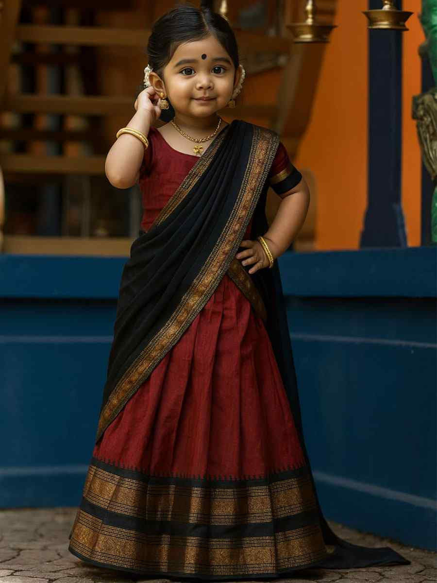 Dark Maroon Premium Lichi Silk Brocade Kids Wear Wedding Festival Lehengas Girls Wear