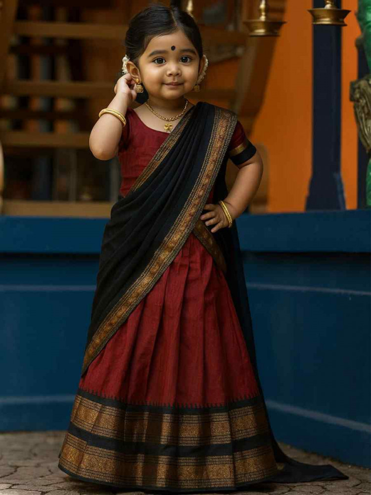 Image of Dark Maroon Premium Lichi Silk Brocade Kids Wear Wedding Festival Lehengas Girls Wear