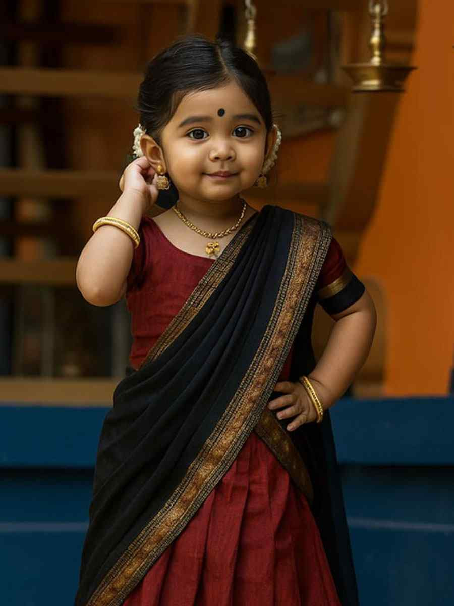 Dark Maroon Premium Lichi Silk Brocade Kids Wear Wedding Festival Lehengas Girls Wear