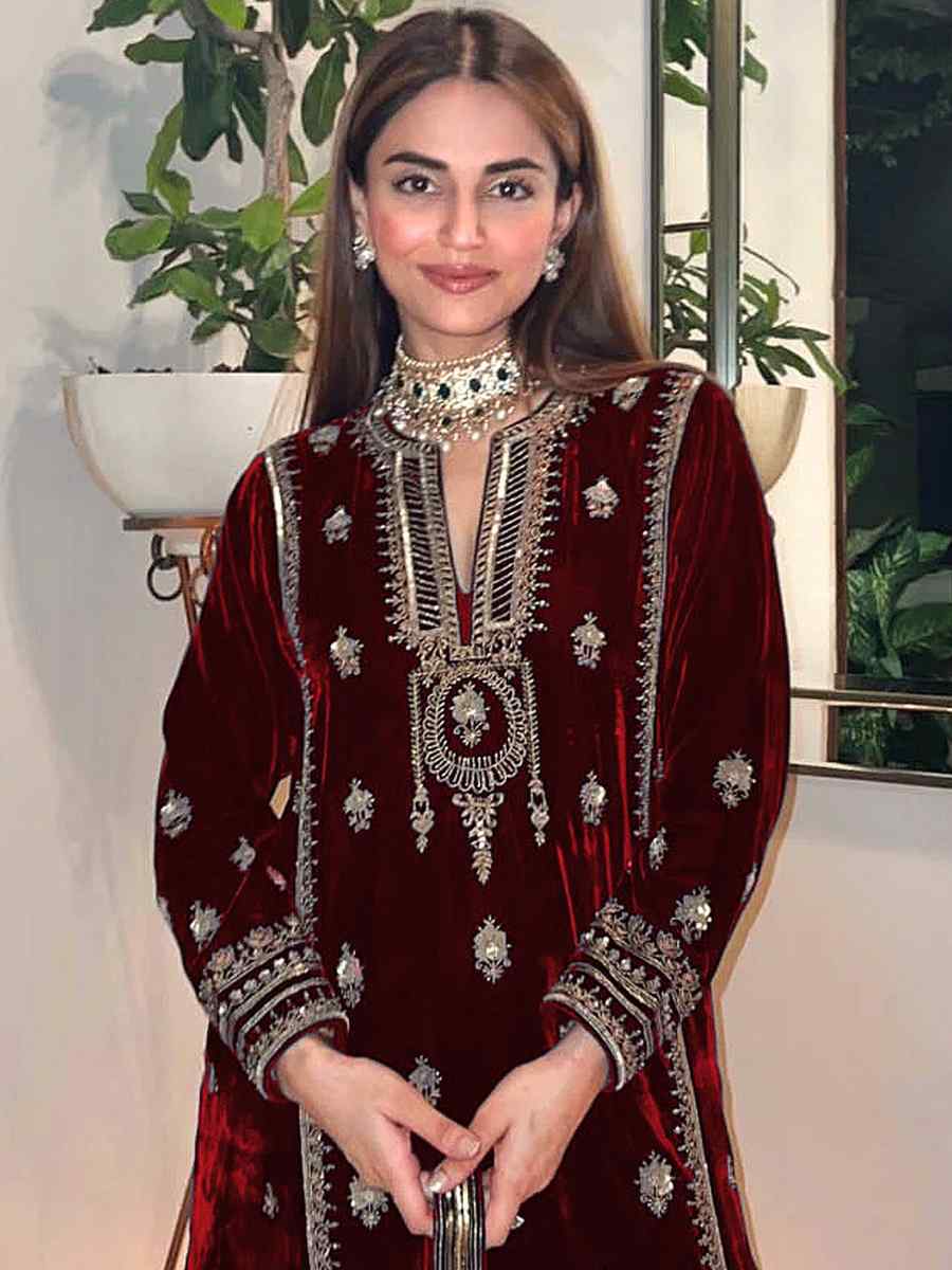 Dark Maroon Pure Viscose Velvet Embroidered Mehendi Wedding Pant Salwar Kameez