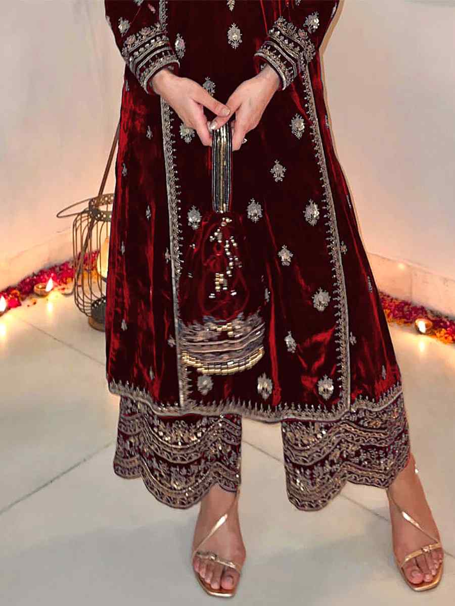 Dark Maroon Pure Viscose Velvet Embroidered Mehendi Wedding Pant Salwar Kameez