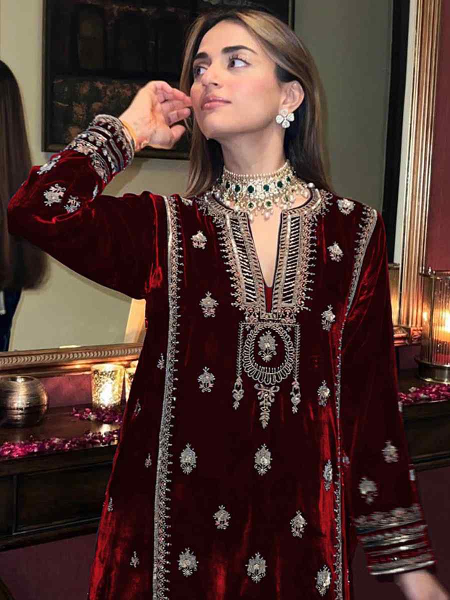 Dark Maroon Pure Viscose Velvet Embroidered Mehendi Wedding Pant Salwar Kameez