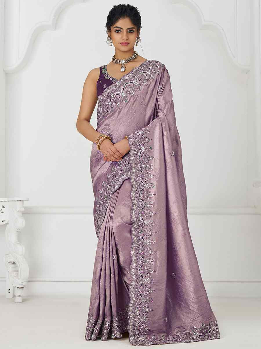 Dark Mauve Pure Dola Viscouse Silk Embroidered Festival Wedding Fancy Heavy Border Saree