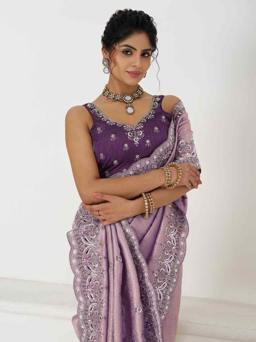 Dark Mauve Pure Dola Viscouse Silk Embroidered Festival Wedding Fancy Heavy Border Saree