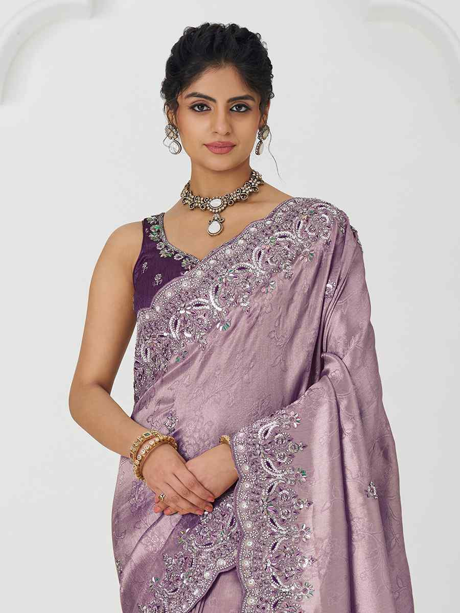 Dark Mauve Pure Dola Viscouse Silk Embroidered Festival Wedding Fancy Heavy Border Saree