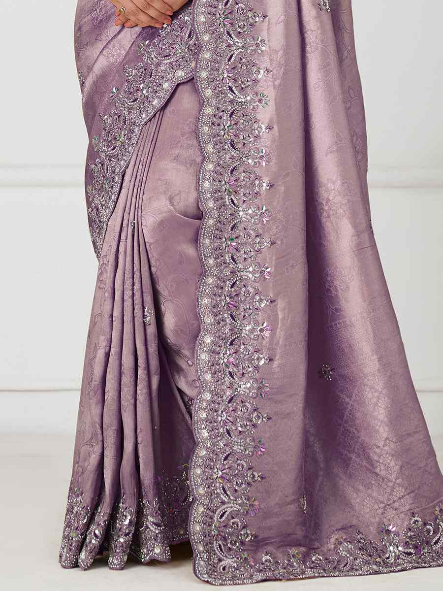 Dark Mauve Pure Dola Viscouse Silk Embroidered Festival Wedding Fancy Heavy Border Saree