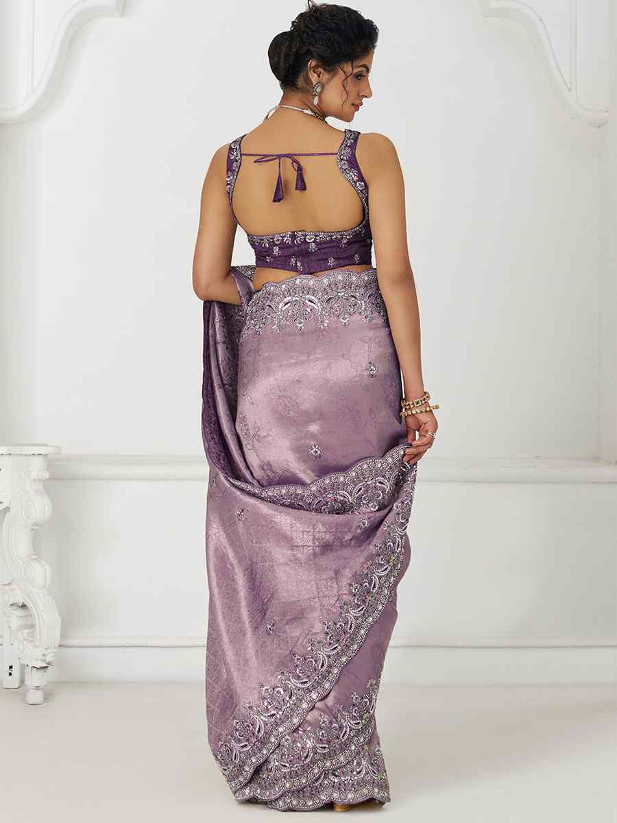 Dark Mauve Pure Dola Viscouse Silk Embroidered Festival Wedding Fancy Heavy Border Saree
