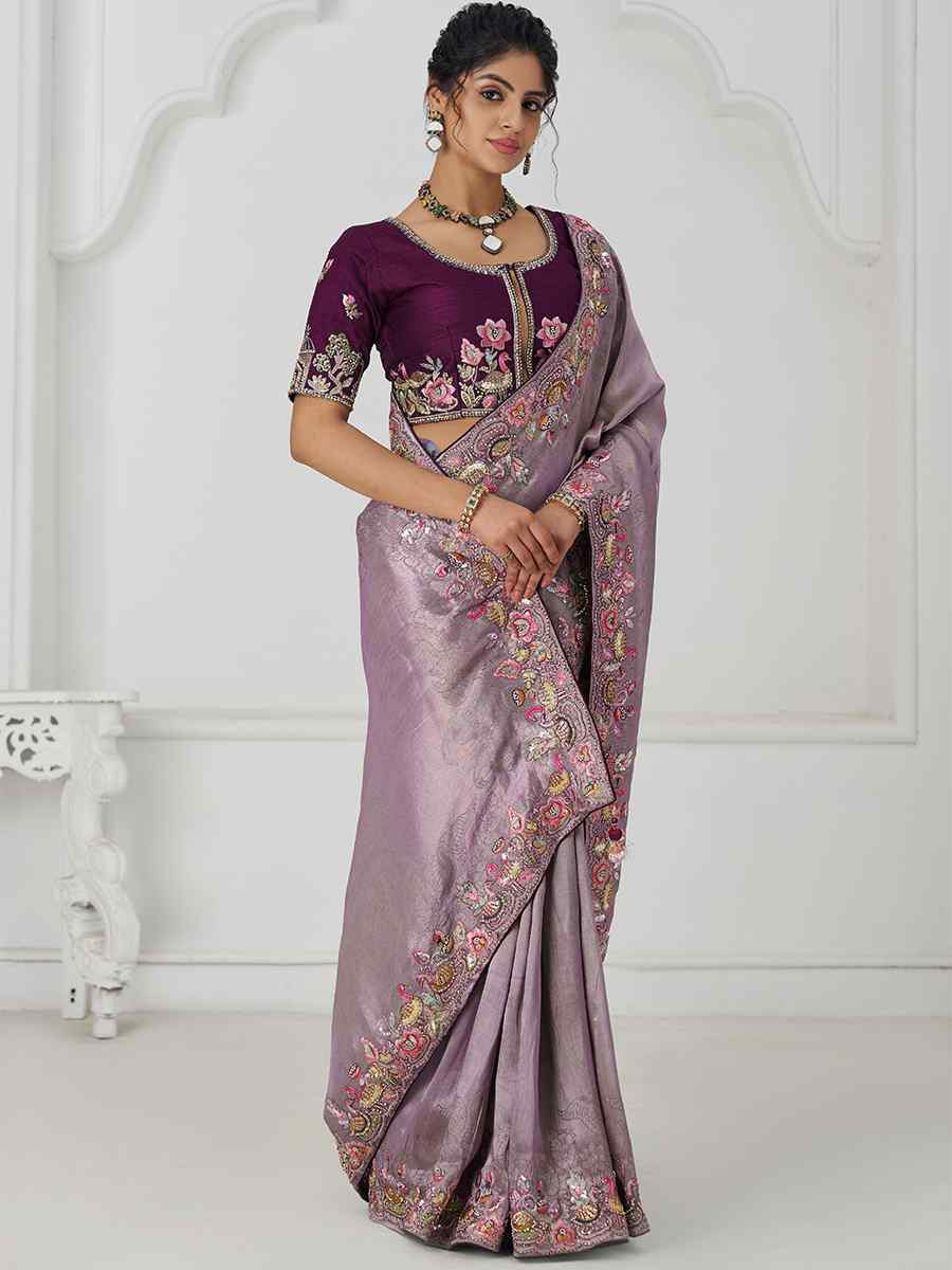 Dark Mauve Pure Dola Viscouse Silk Embroidered Festival Wedding Fancy Heavy Border Saree