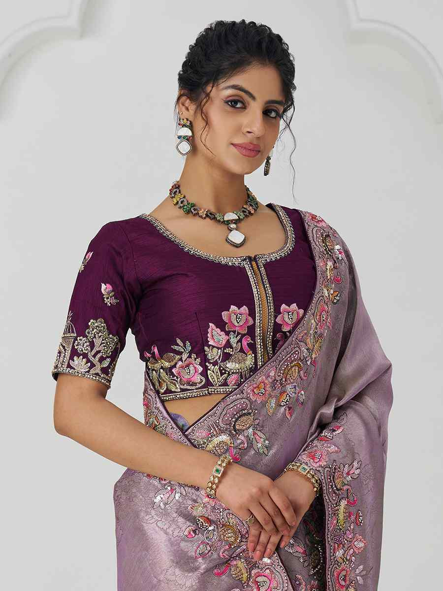 Dark Mauve Pure Dola Viscouse Silk Embroidered Festival Wedding Fancy Heavy Border Saree